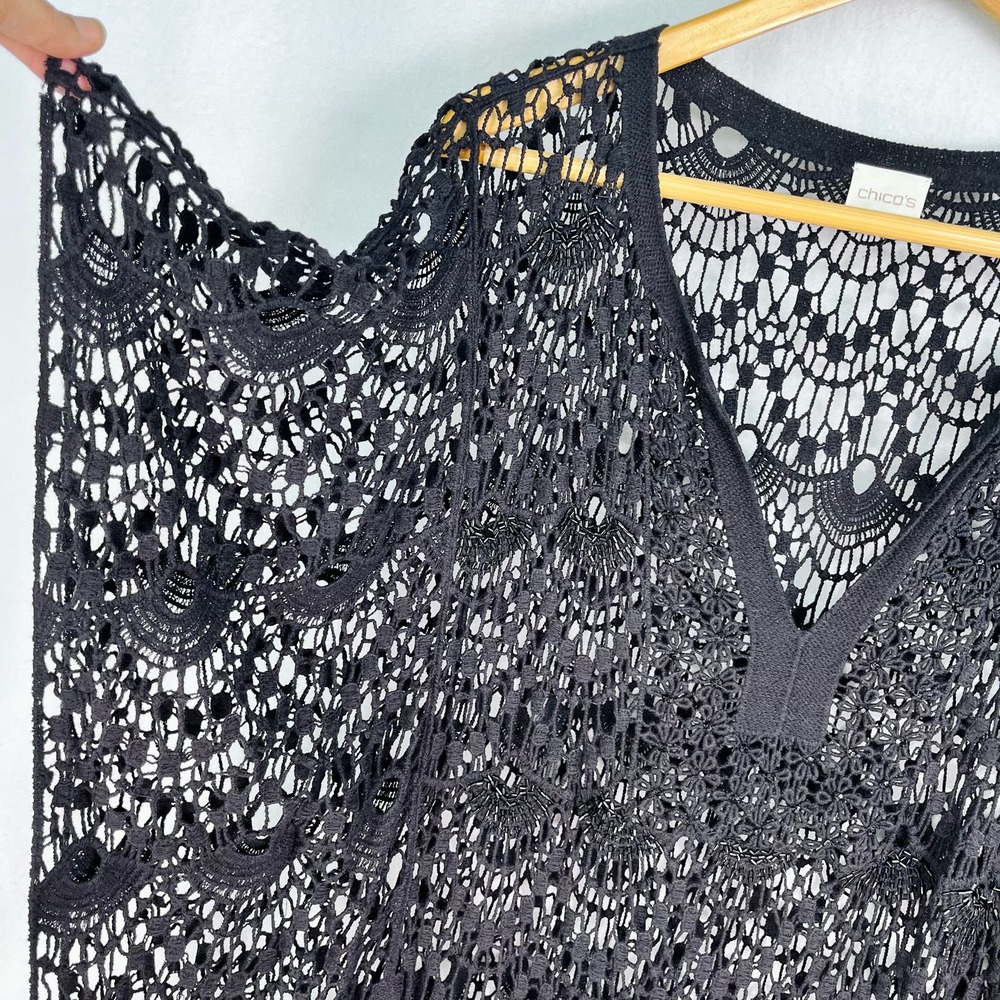 CHICO'S Bianca Lace Poncho Top Sz 3 Crocheted Boho Beaded Shirt Coverup Flirty - Picture 5 of 7